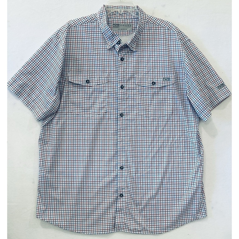Drake Waterfowl Frat Marina Blue Check Button-Down Short Sleeve Shirt Size XL